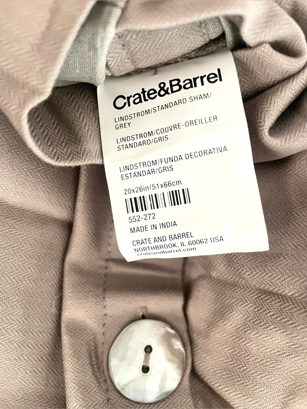 NIP Crate & Barrel Sham Tweed Gray 100% Cotton Button Back Standard